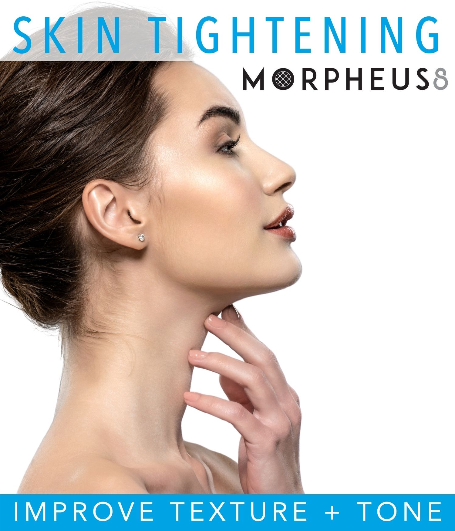 Woman with beautiful skin holding her neck promoting a Morpheus 8 treatment.